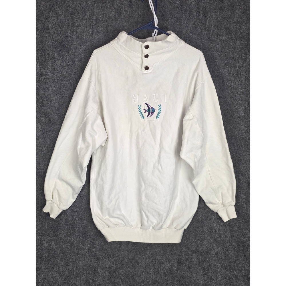 Vintage Sansegal Maui Hawaii Embroidered Pullover Sweatshirt Men Large 90s White